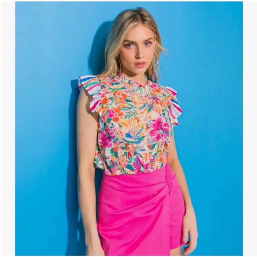 Flying Tomato Colorful Ruffle Floral Print Top Sizes Small-Large